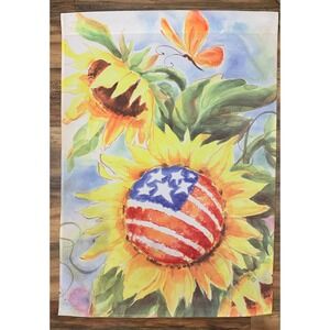 Flag Outdoor Double Sided Sunflowers Butterfly Red White Blue Stars 28" x 39"